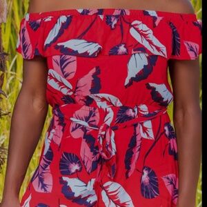 Express Red Tropical Off-the-Shoulder Romper – Size M
